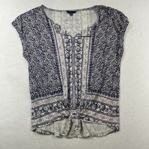 Lucky Brand Tie Waist Floral Boho Tee Size L Blue Lightweight Casual Spliced
